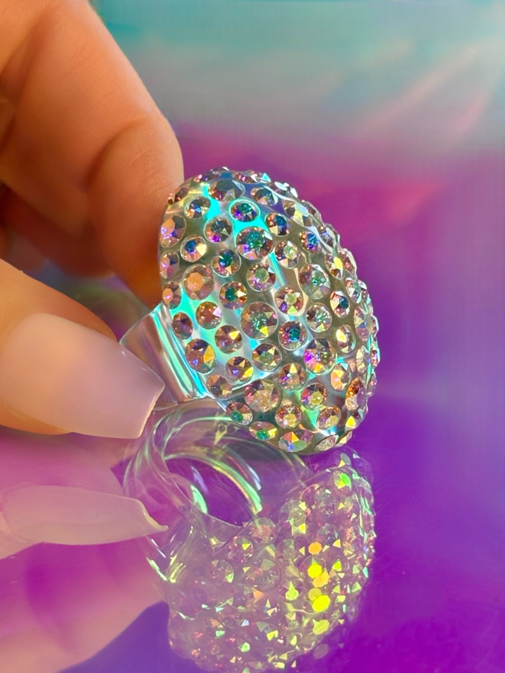 Crystal Acrylic Statement Dome Ring with Aurora Borealis Swarovski Crystals